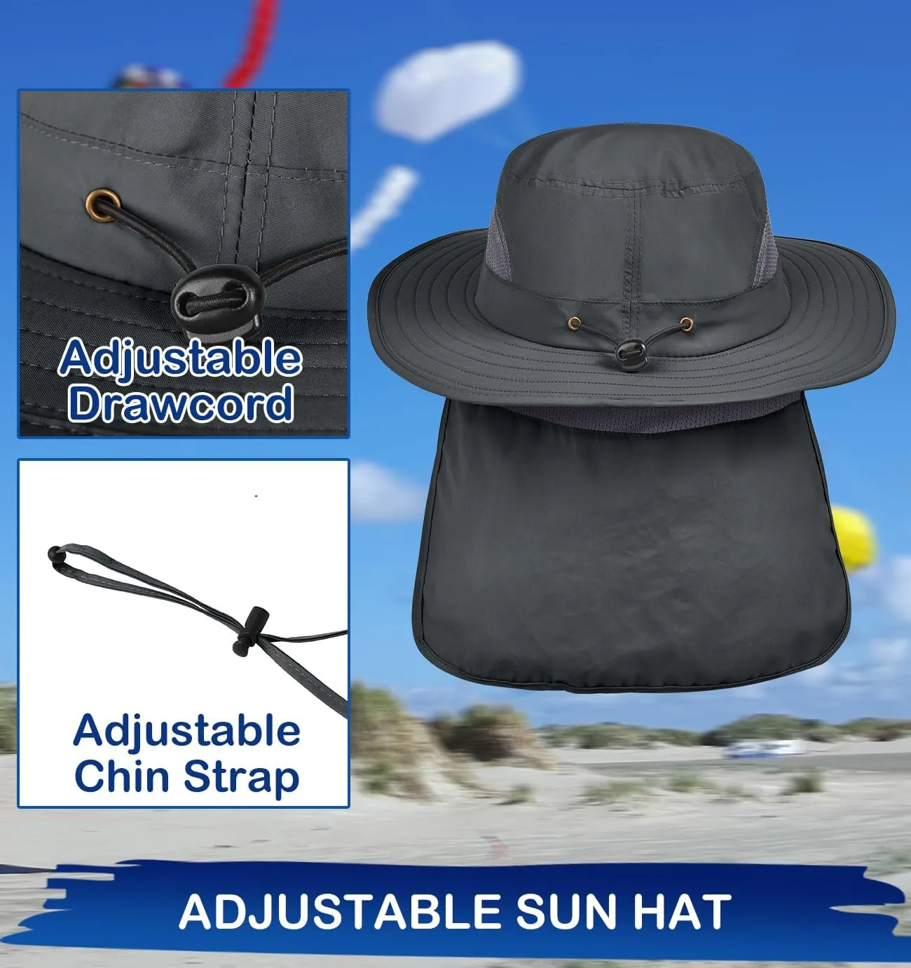 3 Pack Outdoor UPF50  Mesh Sun Hat for Men,Wide Brim Fishing Hat with Neck Flap for Hiking Garden