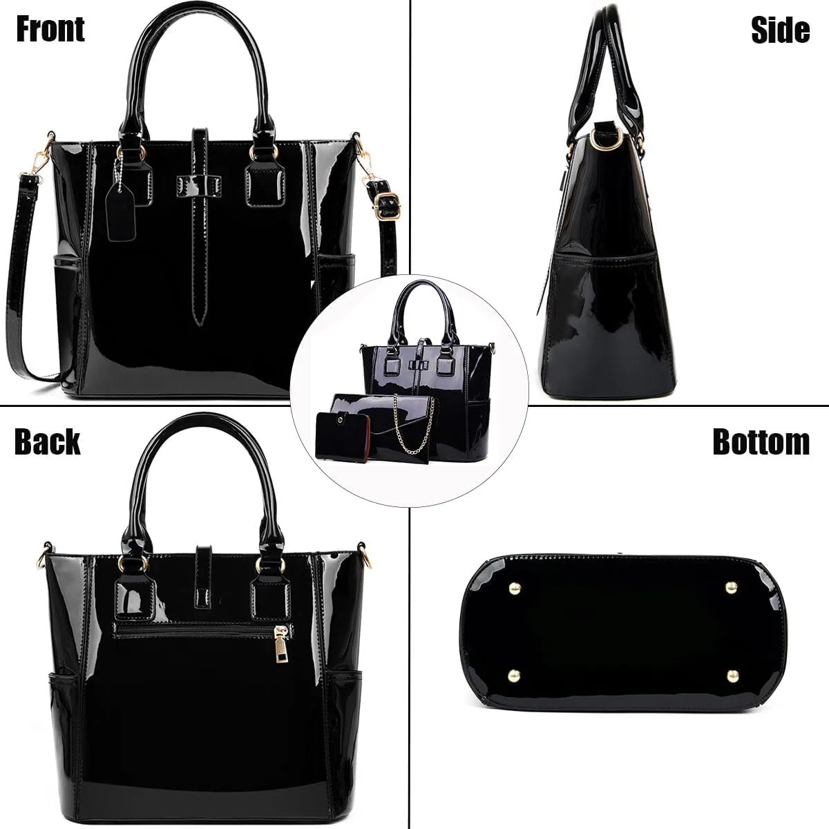 3-PC Patent Women Handbag Crossbody Bag Card Bag Shiny Faux Leather Top Handle Satchel Shoulder Tote Bag Purses