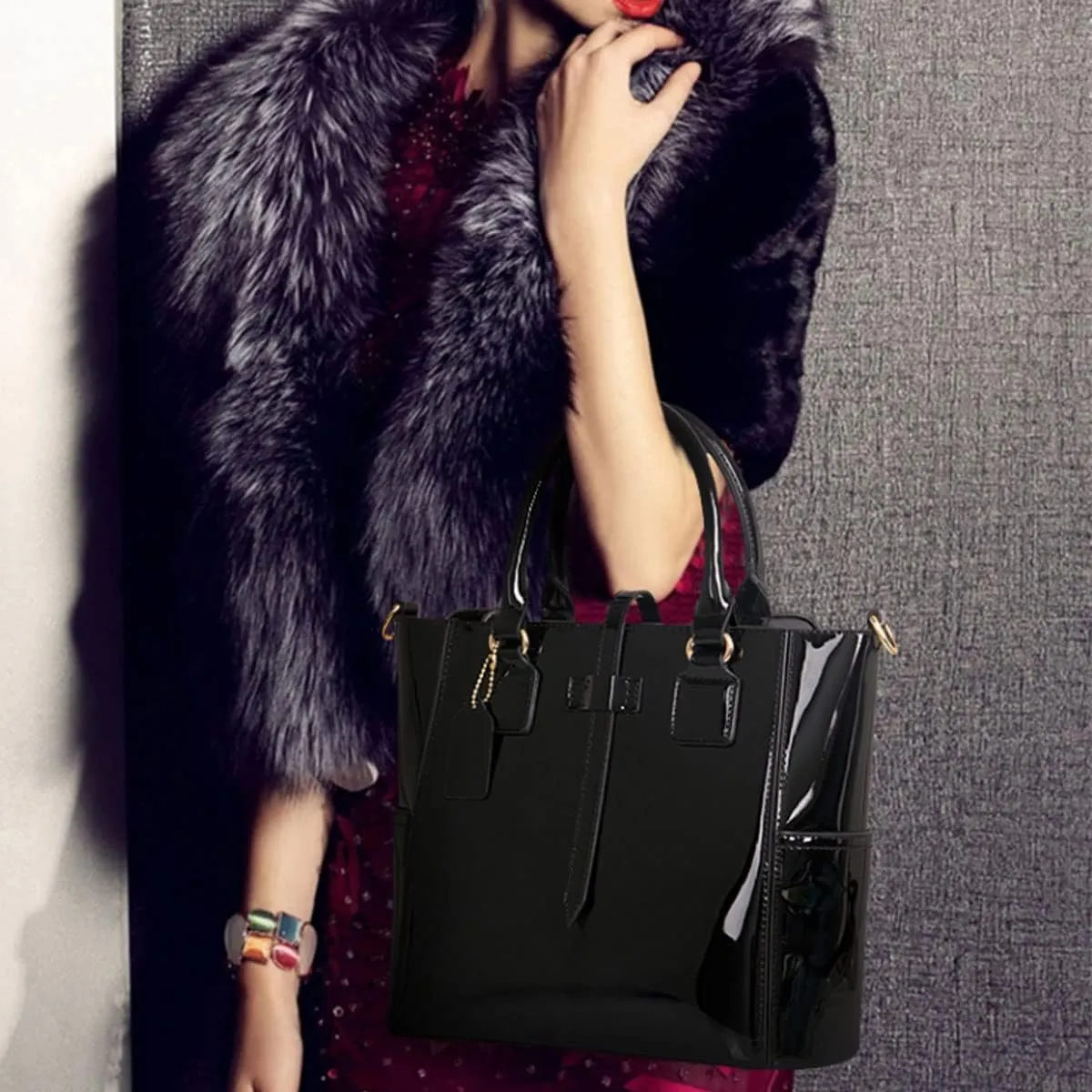 3-PC Patent Women Handbag Crossbody Bag Card Bag Shiny Faux Leather Top Handle Satchel Shoulder Tote Bag Purses
