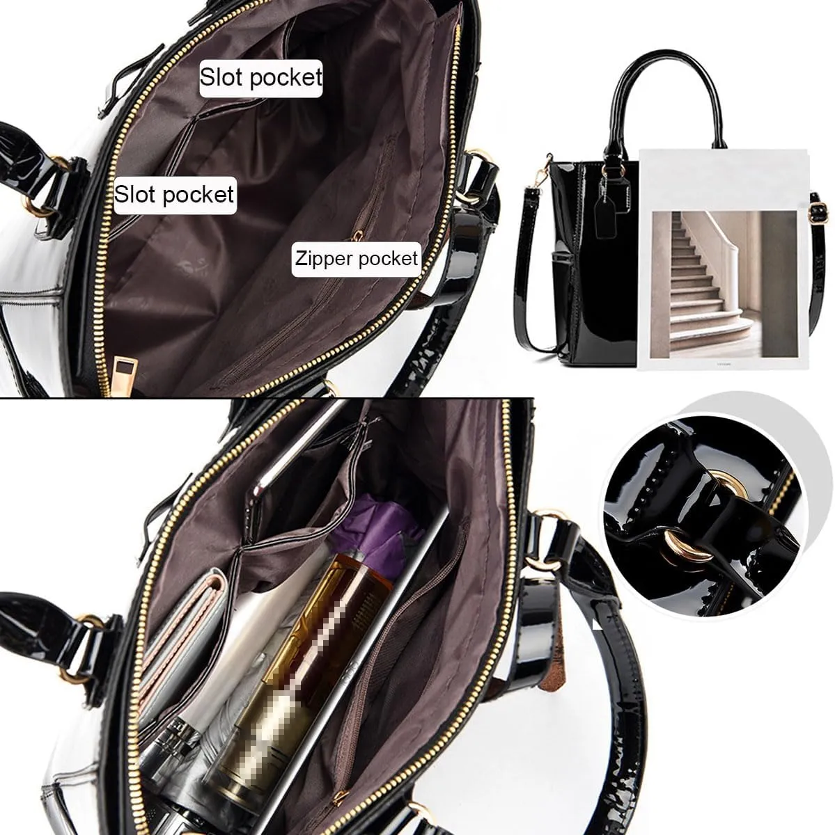3-PC Patent Women Handbag Crossbody Bag Card Bag Shiny Faux Leather Top Handle Satchel Shoulder Tote Bag Purses