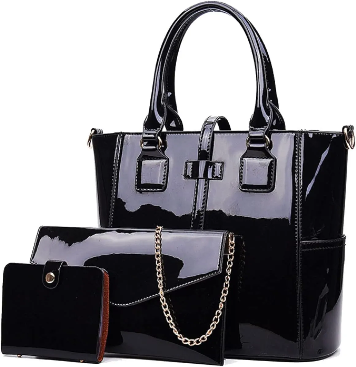 3-PC Patent Women Handbag Crossbody Bag Card Bag Shiny Faux Leather Top Handle Satchel Shoulder Tote Bag Purses