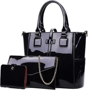3-PC Patent Women Handbag Crossbody Bag Card Bag Shiny Faux Leather Top Handle Satchel Shoulder Tote Bag Purses