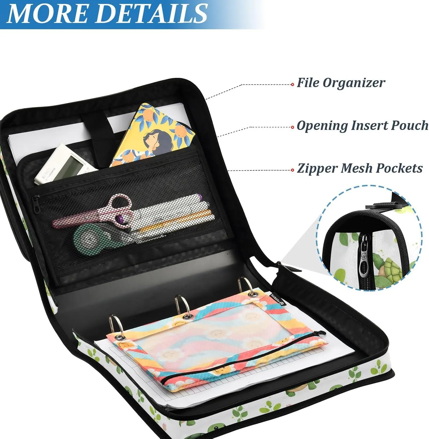3 Rings 1.5 inch Binder Organizer with Shoulder Strap Laege Capacity Portable Home Travel Safe Storage Bag for School/Office Cartoon Cute Turtle