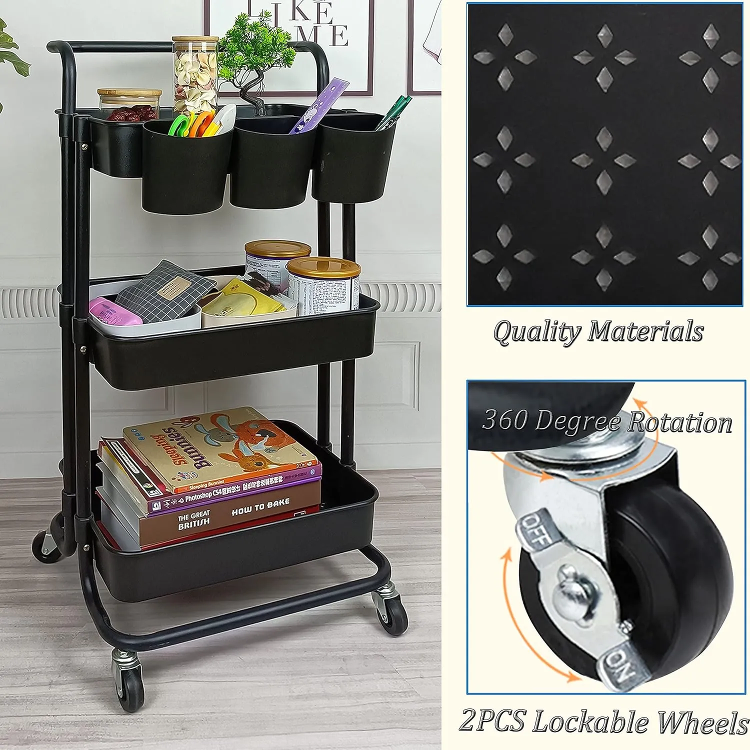 3 Tier Utility Rolling Cart Storage Organizer Shelf Rack with 3PCS Hanging Cups 8PCS Hook 2PCS Storage Box for Home Office Kitchen Bathroom (Black 3 Cup 8 Hook 2 Storage Box)