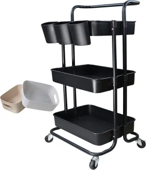 3 Tier Utility Rolling Cart Storage Organizer Shelf Rack with 3PCS Hanging Cups 8PCS Hook 2PCS Storage Box for Home Office Kitchen Bathroom (Black 3 Cup 8 Hook 2 Storage Box)