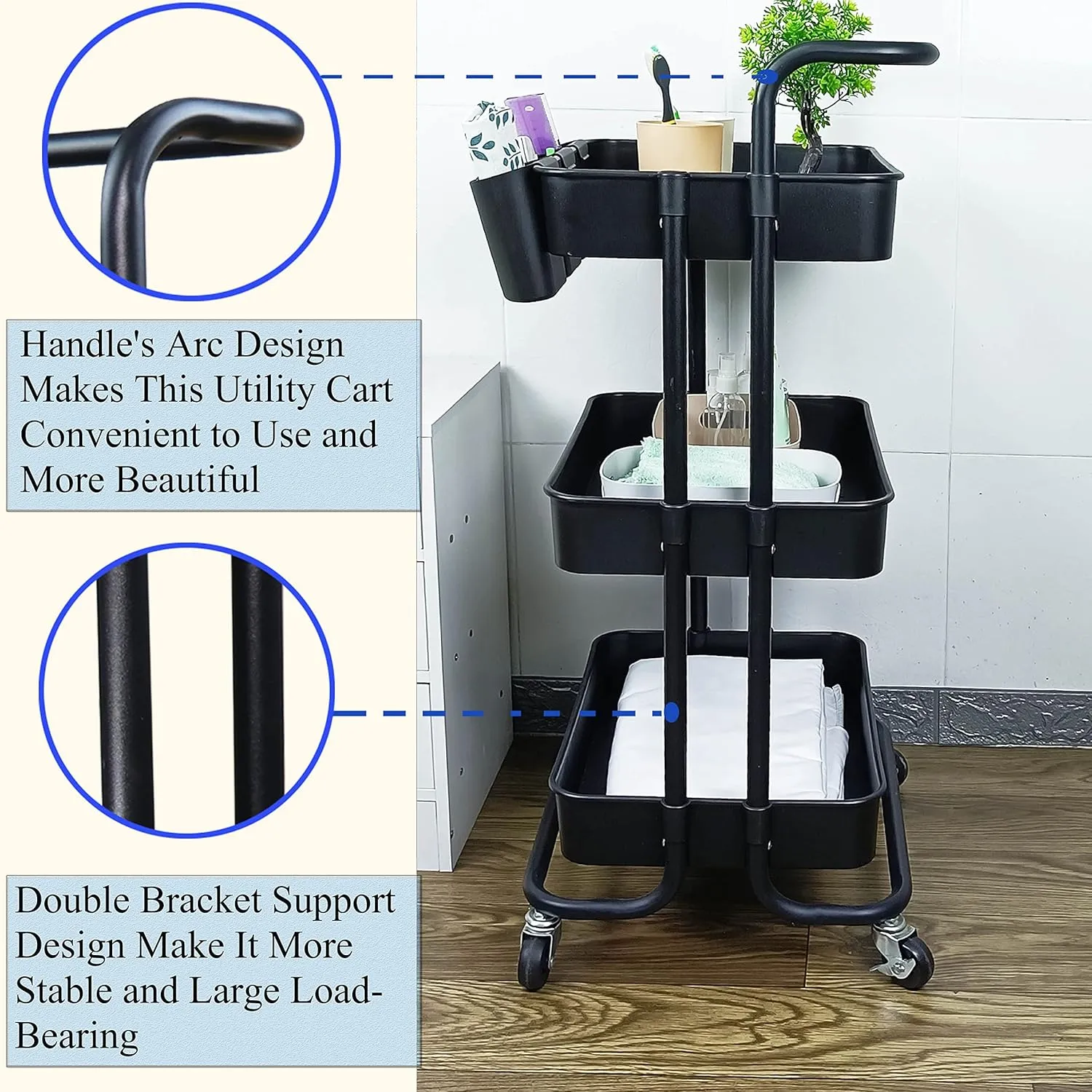 3 Tier Utility Rolling Cart Storage Organizer Shelf Rack with 3PCS Hanging Cups 8PCS Hook 2PCS Storage Box for Home Office Kitchen Bathroom (Black 3 Cup 8 Hook 2 Storage Box)
