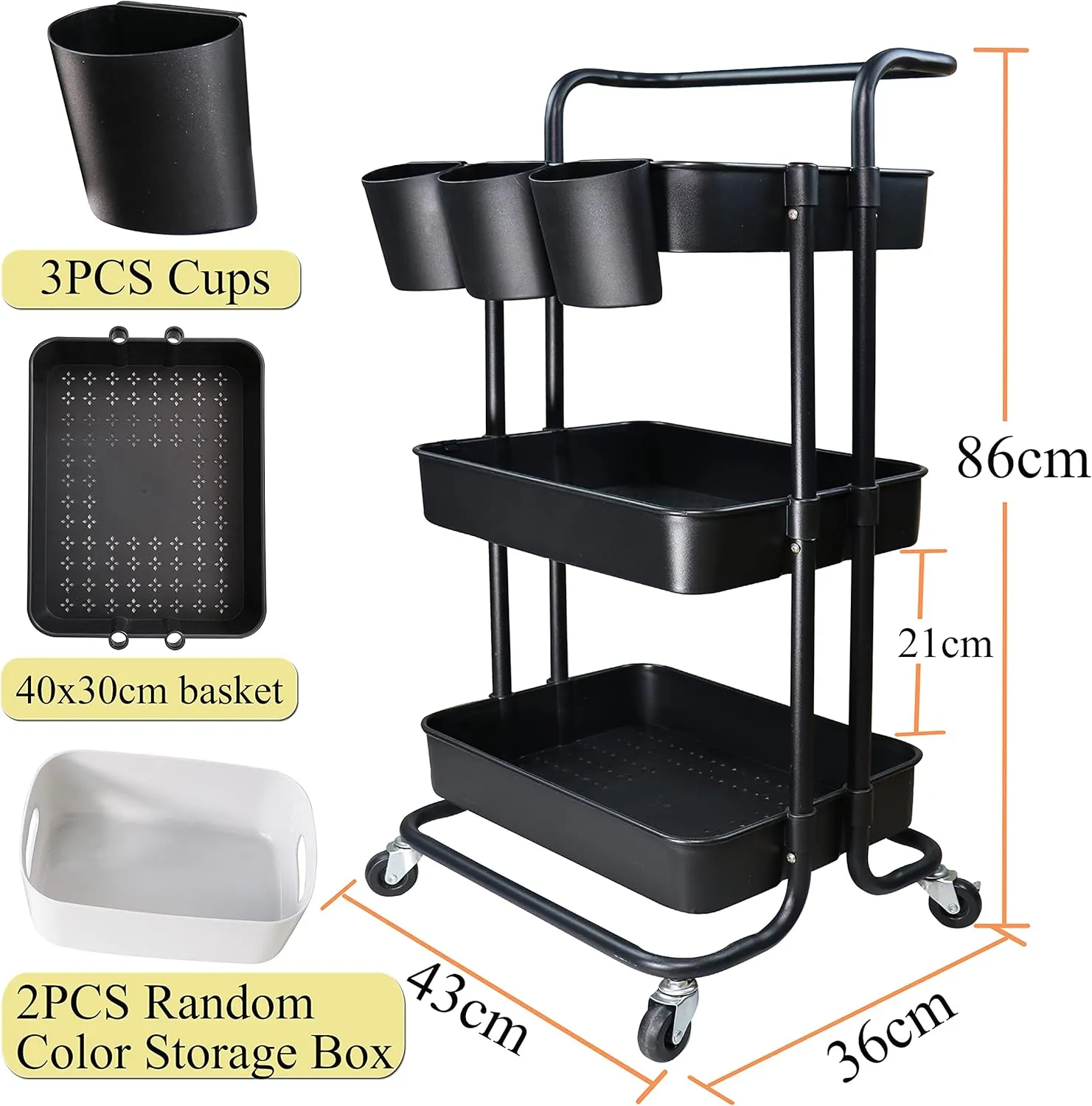 3 Tier Utility Rolling Cart Storage Organizer Shelf Rack with 3PCS Hanging Cups 8PCS Hook 2PCS Storage Box for Home Office Kitchen Bathroom (Black 3 Cup 8 Hook 2 Storage Box)