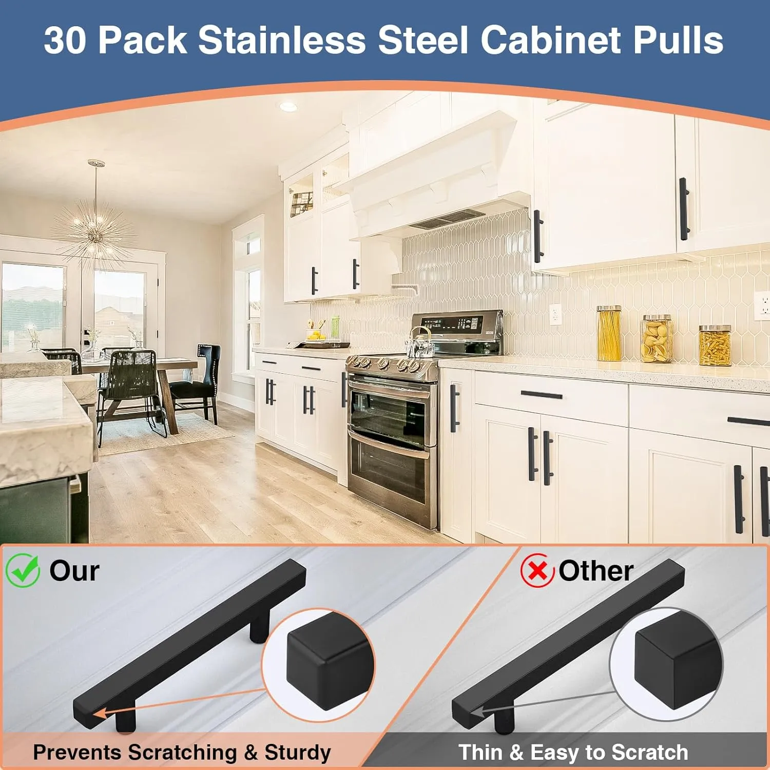 30 Pack Square Cabinet Handles Matte Black Drawer Pulls 5" Length, 3" Hole Center Kitchen Handles for Cabinets Pulls, Stainless Steel Cabinet Hardware for Bedroom Bathroom Office