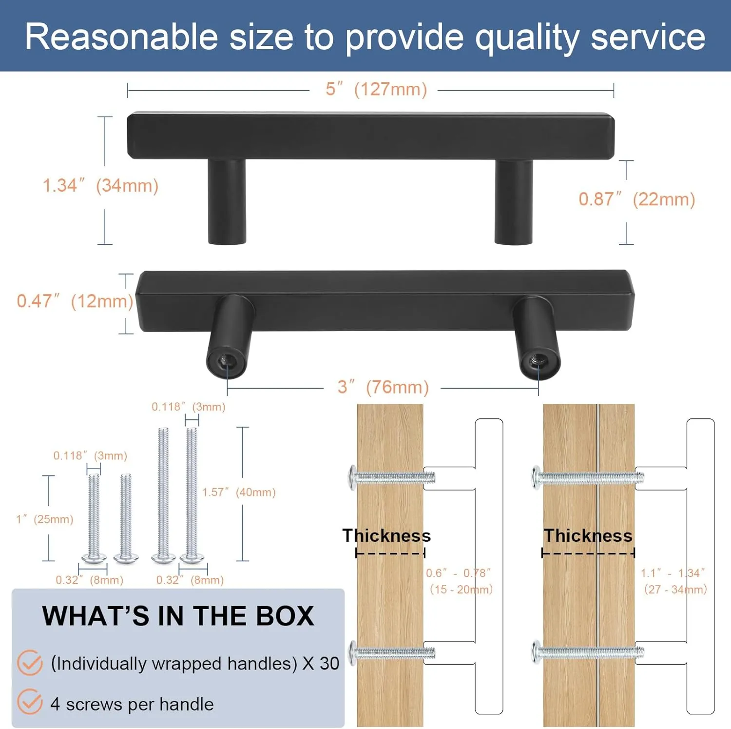 30 Pack Square Cabinet Handles Matte Black Drawer Pulls 5" Length, 3" Hole Center Kitchen Handles for Cabinets Pulls, Stainless Steel Cabinet Hardware for Bedroom Bathroom Office