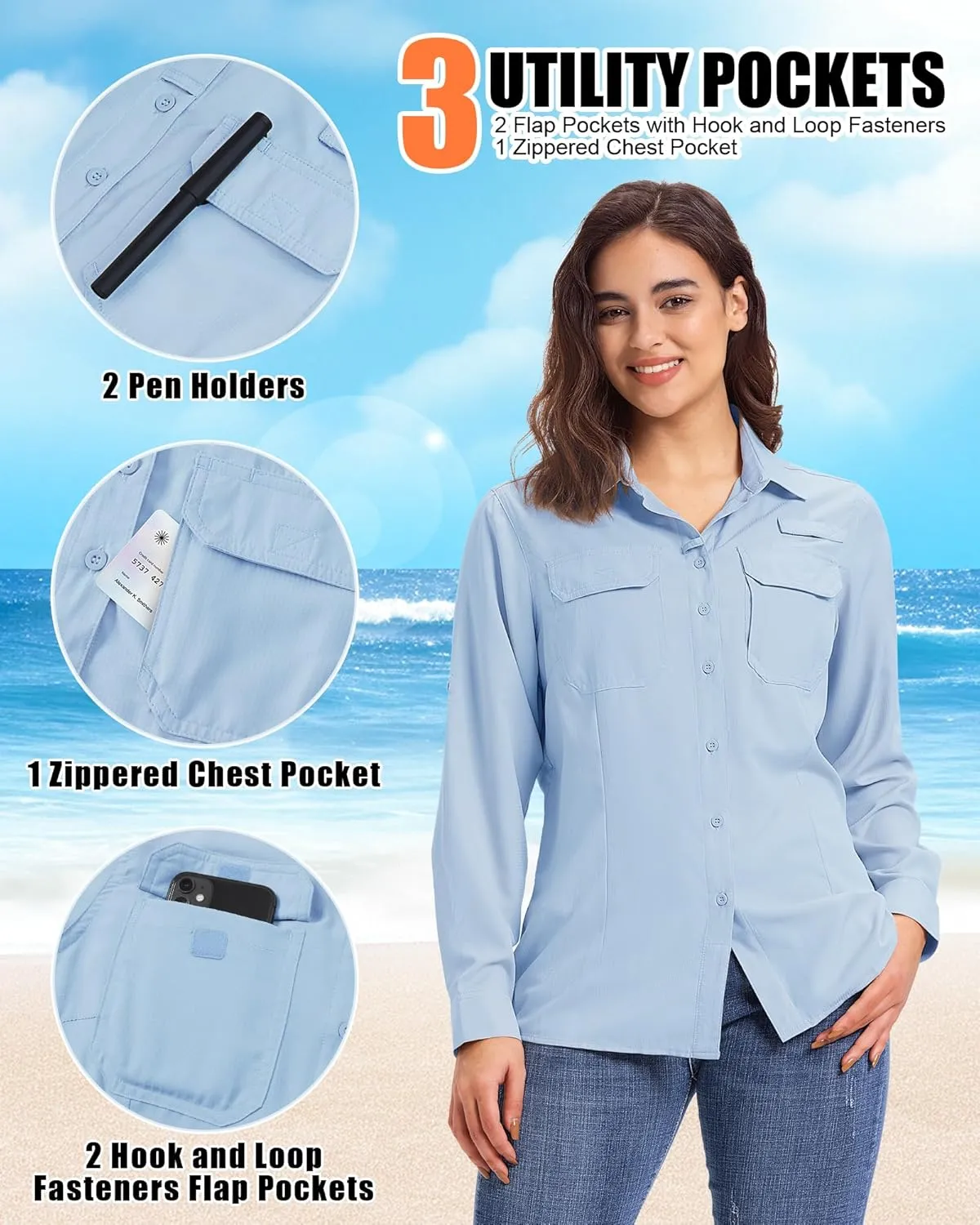 33,000ft Women's UPF 50  UV Long Sleeve Sun Protection Safari Shirts Quick Dry Outdoor Fishing Hiking Travel Shirt