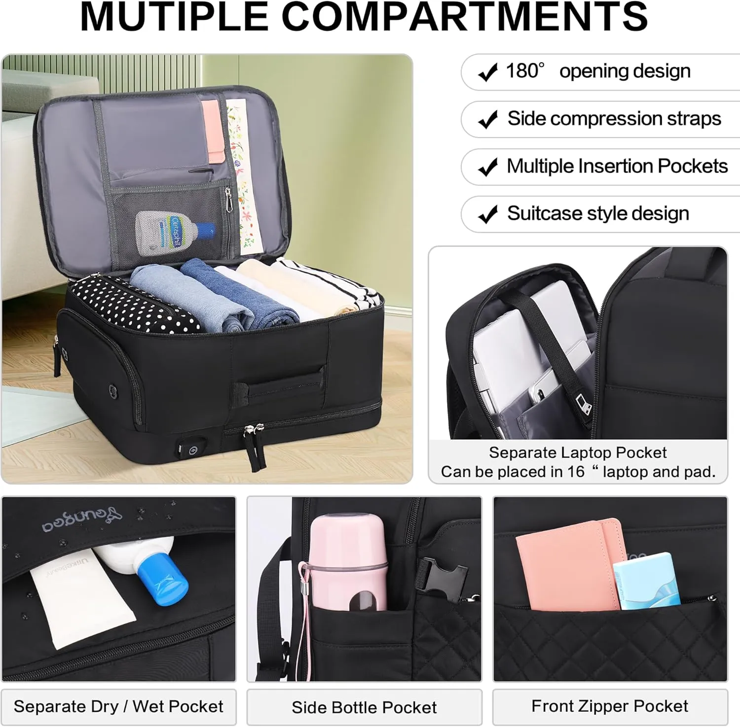 35L 18x14x8 Inch Personal Item Bag Backpack for Women, Travel Backpack Carry on Flight Approved for Spirit/Frontier etc, Black