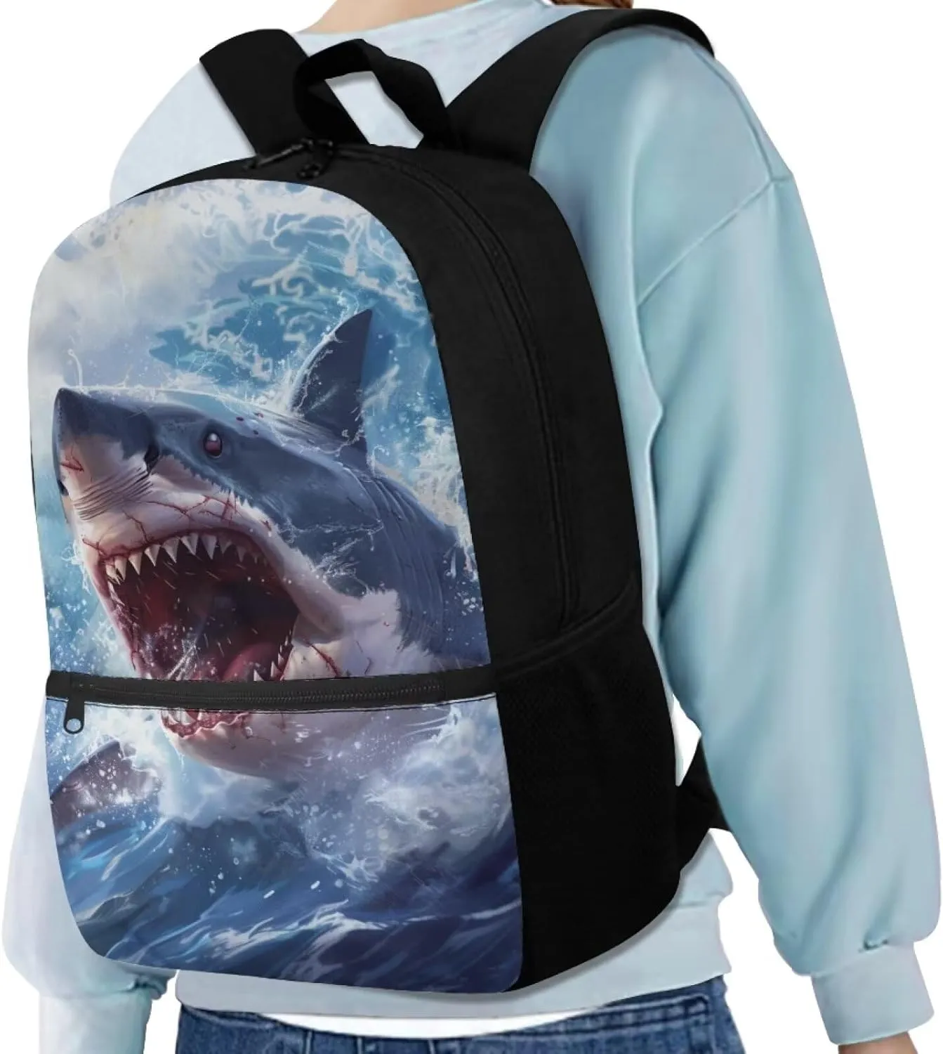 3D Shark Kids Backpack for Boys Elementary School Bookbag Ocean Animal Print 17 Inch School Bags Large Capacity Camping Book Bag Lightweight Travel Shoulder Bags Casual Daypack