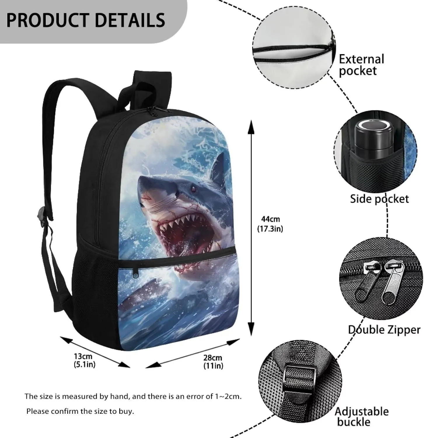 3D Shark Kids Backpack for Boys Elementary School Bookbag Ocean Animal Print 17 Inch School Bags Large Capacity Camping Book Bag Lightweight Travel Shoulder Bags Casual Daypack