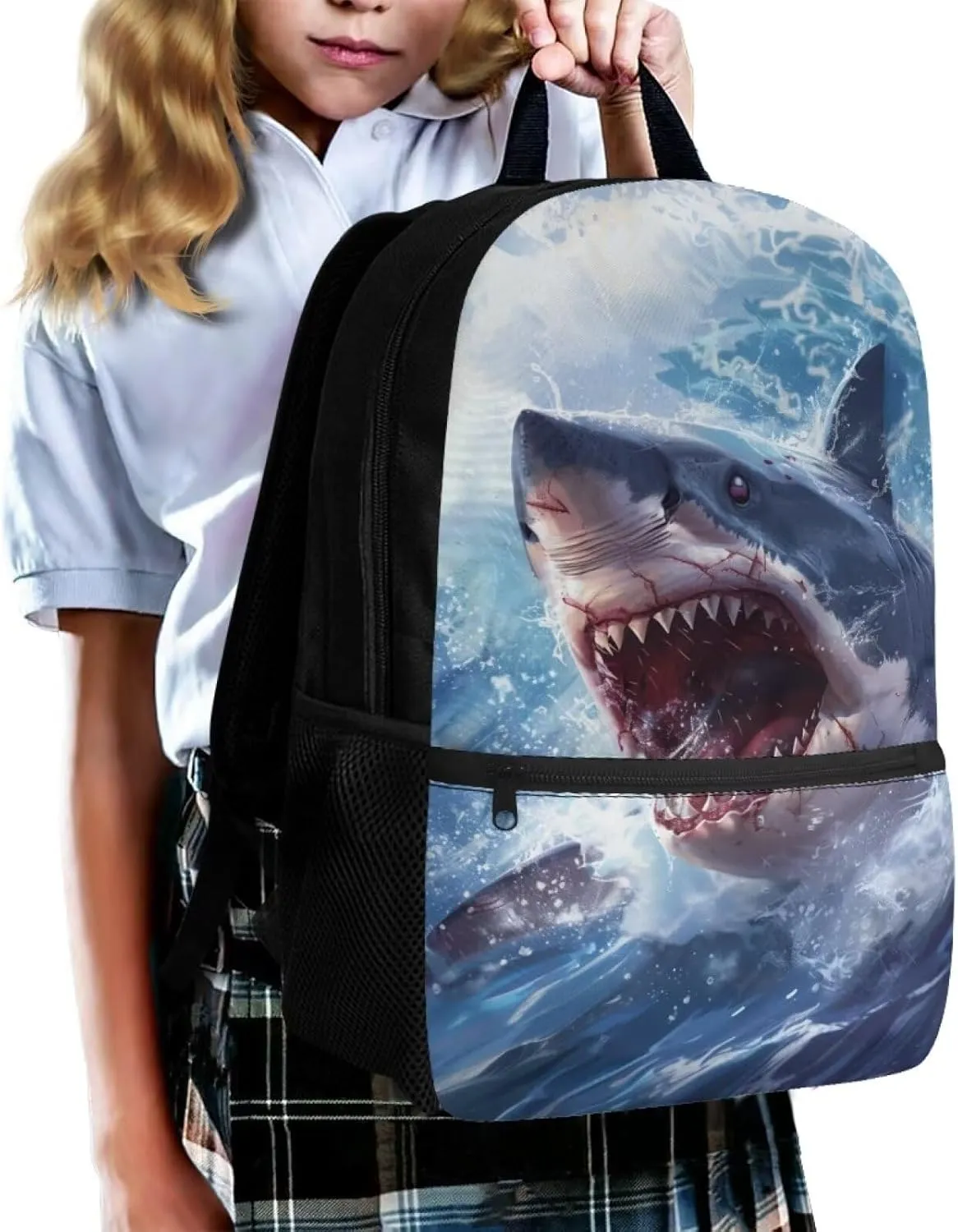 3D Shark Kids Backpack for Boys Elementary School Bookbag Ocean Animal Print 17 Inch School Bags Large Capacity Camping Book Bag Lightweight Travel Shoulder Bags Casual Daypack
