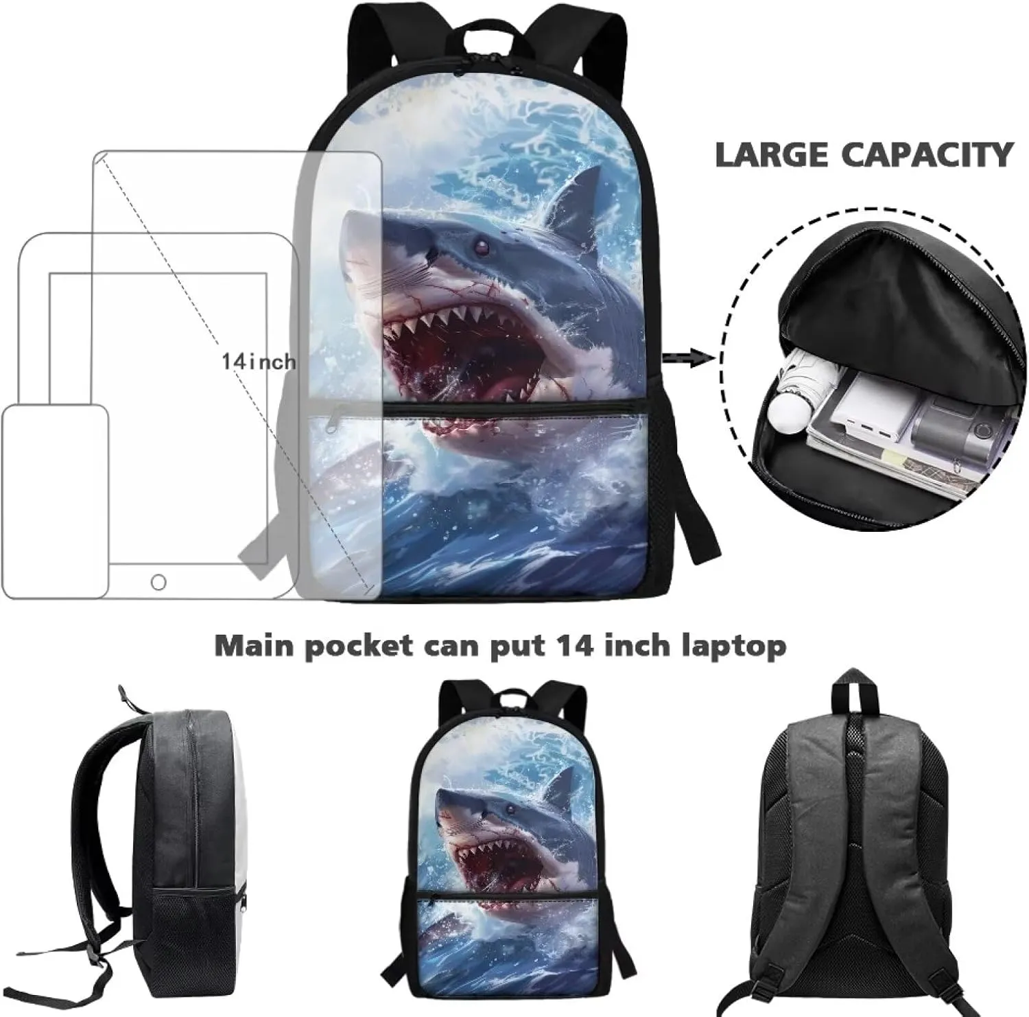 3D Shark Kids Backpack for Boys Elementary School Bookbag Ocean Animal Print 17 Inch School Bags Large Capacity Camping Book Bag Lightweight Travel Shoulder Bags Casual Daypack