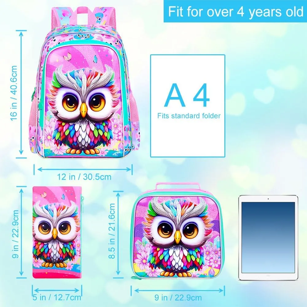 3Pcs Backpack for Girls, 16" Kids Bookbag with Lunch Box, Owl School Backpacks Set for Elementary Preschool Kindergarten(Pink)
