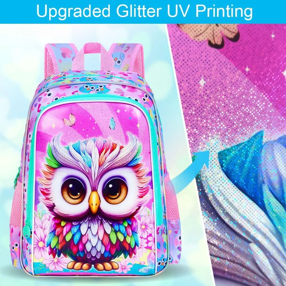 3Pcs Backpack for Girls, 16" Kids Bookbag with Lunch Box, Owl School Backpacks Set for Elementary Preschool Kindergarten(Pink)