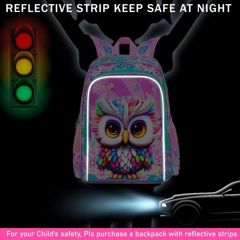 3Pcs Backpack for Girls, 16" Kids Bookbag with Lunch Box, Owl School Backpacks Set for Elementary Preschool Kindergarten(Pink)