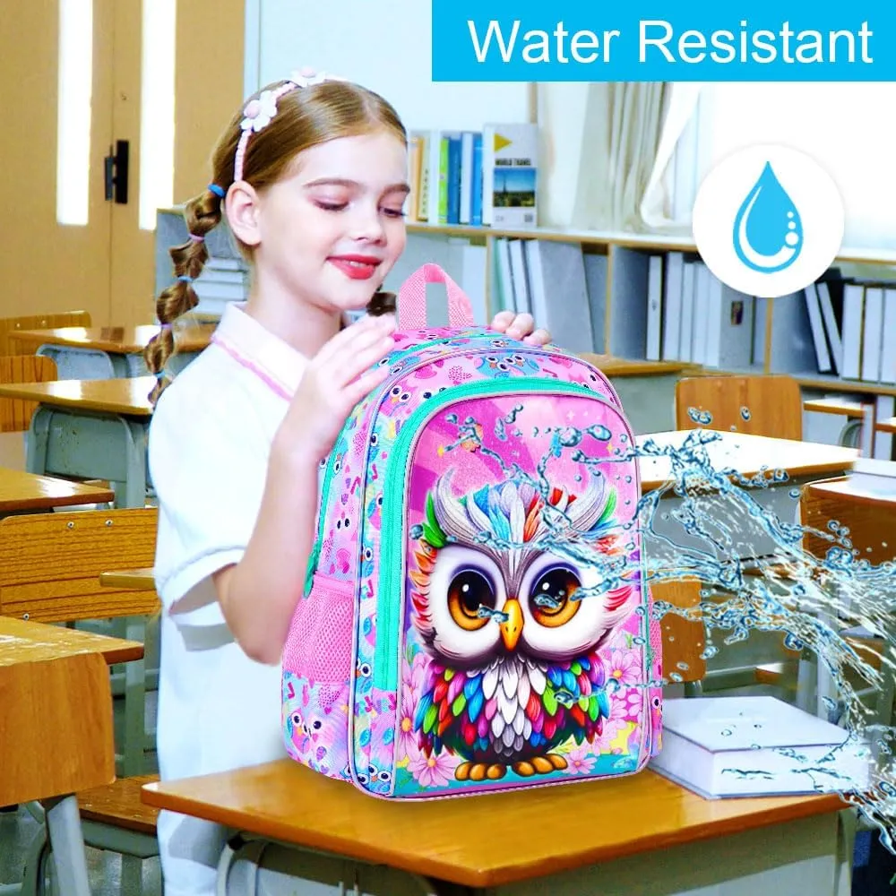 3Pcs Backpack for Girls, 16" Kids Bookbag with Lunch Box, Owl School Backpacks Set for Elementary Preschool Kindergarten(Pink)