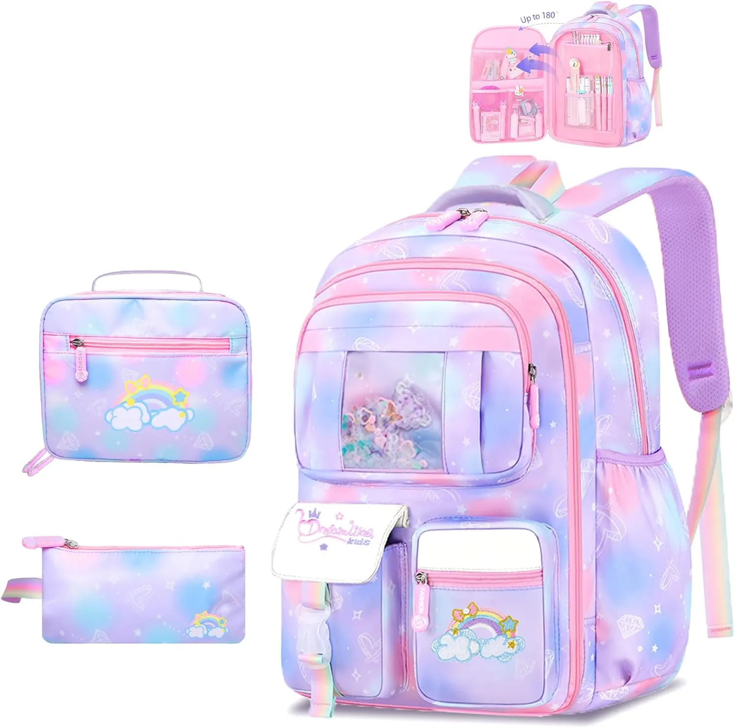 3Pcs Backpacks for Girls, Cute Rainbow School Backpack with Lunch Bag Pen Bag Set, Multi-Pockets Kids Backpack for Elementary Preschool Toddler(Purple)