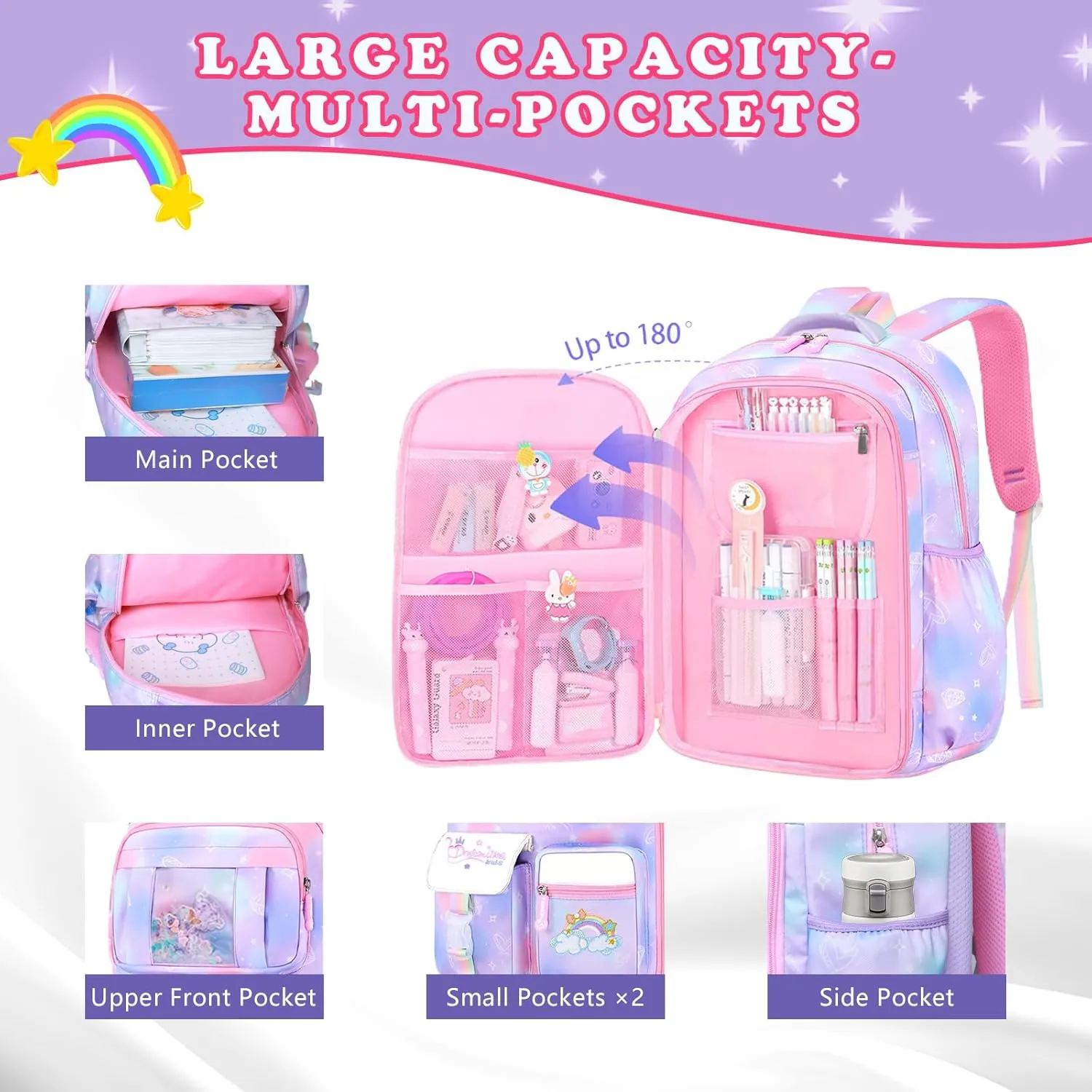 3Pcs Backpacks for Girls, Cute Rainbow School Backpack with Lunch Bag Pen Bag Set, Multi-Pockets Kids Backpack for Elementary Preschool Toddler(Purple)