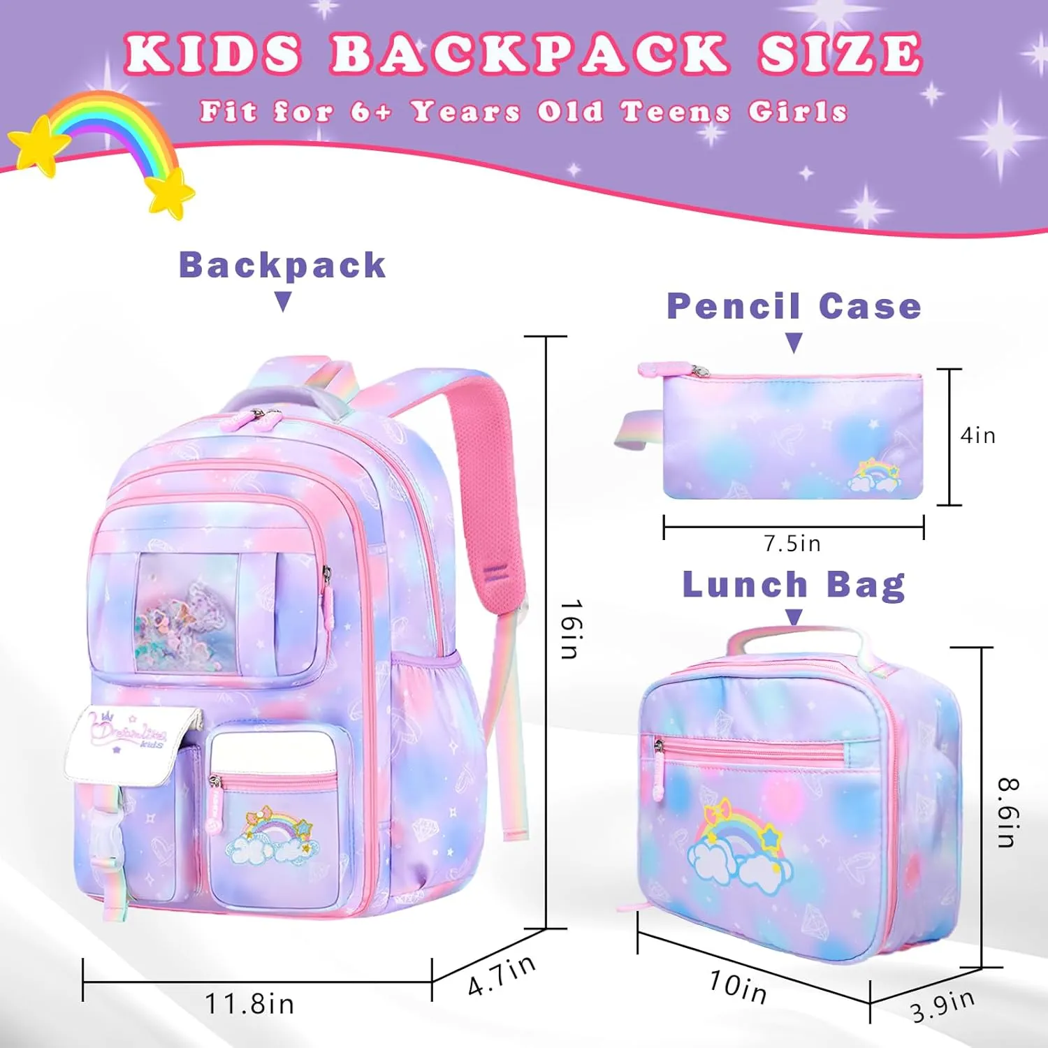 3Pcs Backpacks for Girls, Cute Rainbow School Backpack with Lunch Bag Pen Bag Set, Multi-Pockets Kids Backpack for Elementary Preschool Toddler(Purple)