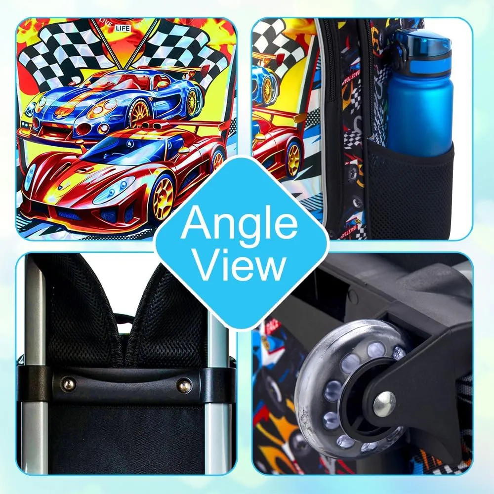 3PCS Car Rolling Bookbag for Boys, Kids School Backpack with Wheels, Water Resistant UV Printed Roller Wheeled Bookbag Set with Lunch Box