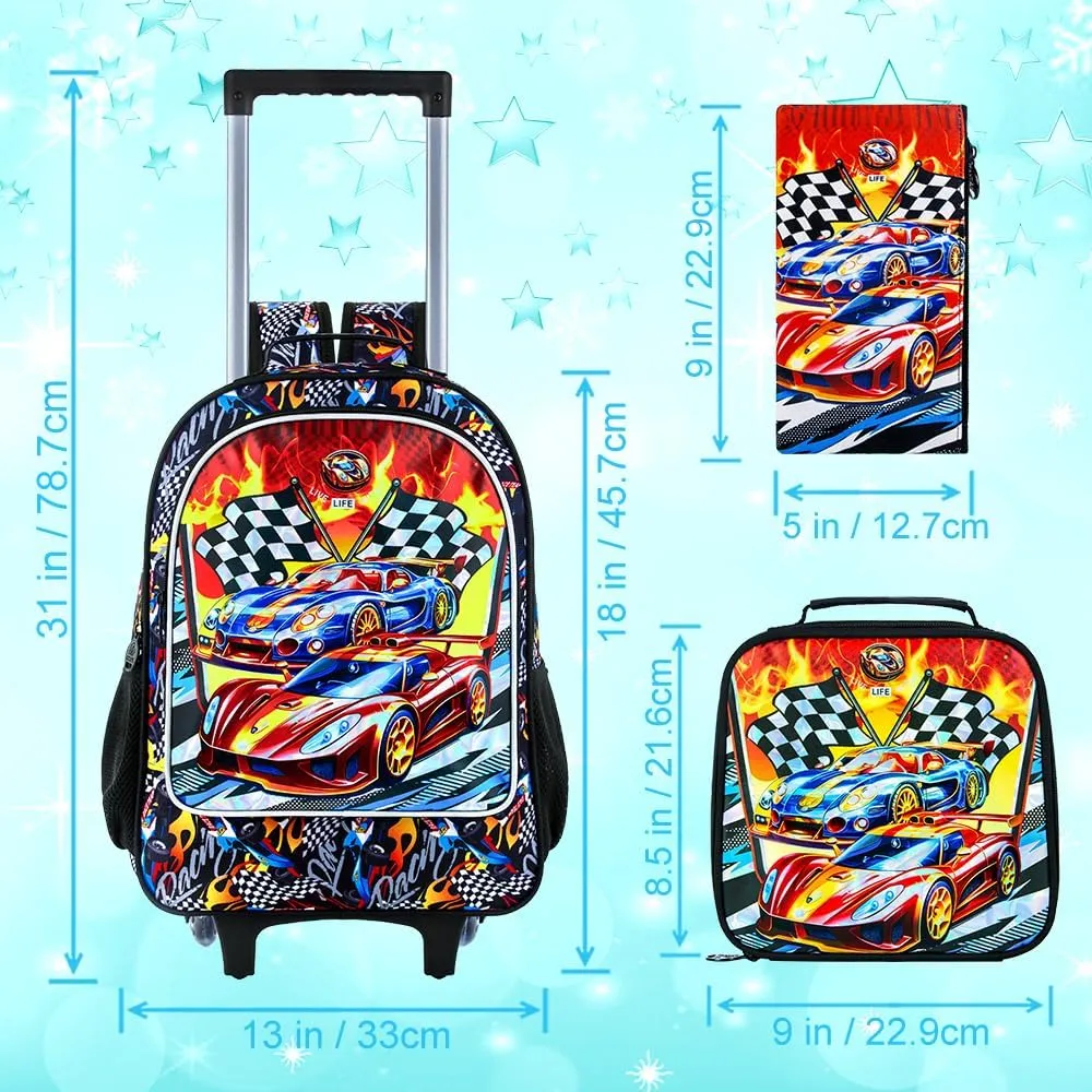 3PCS Car Rolling Bookbag for Boys, Kids School Backpack with Wheels, Water Resistant UV Printed Roller Wheeled Bookbag Set with Lunch Box