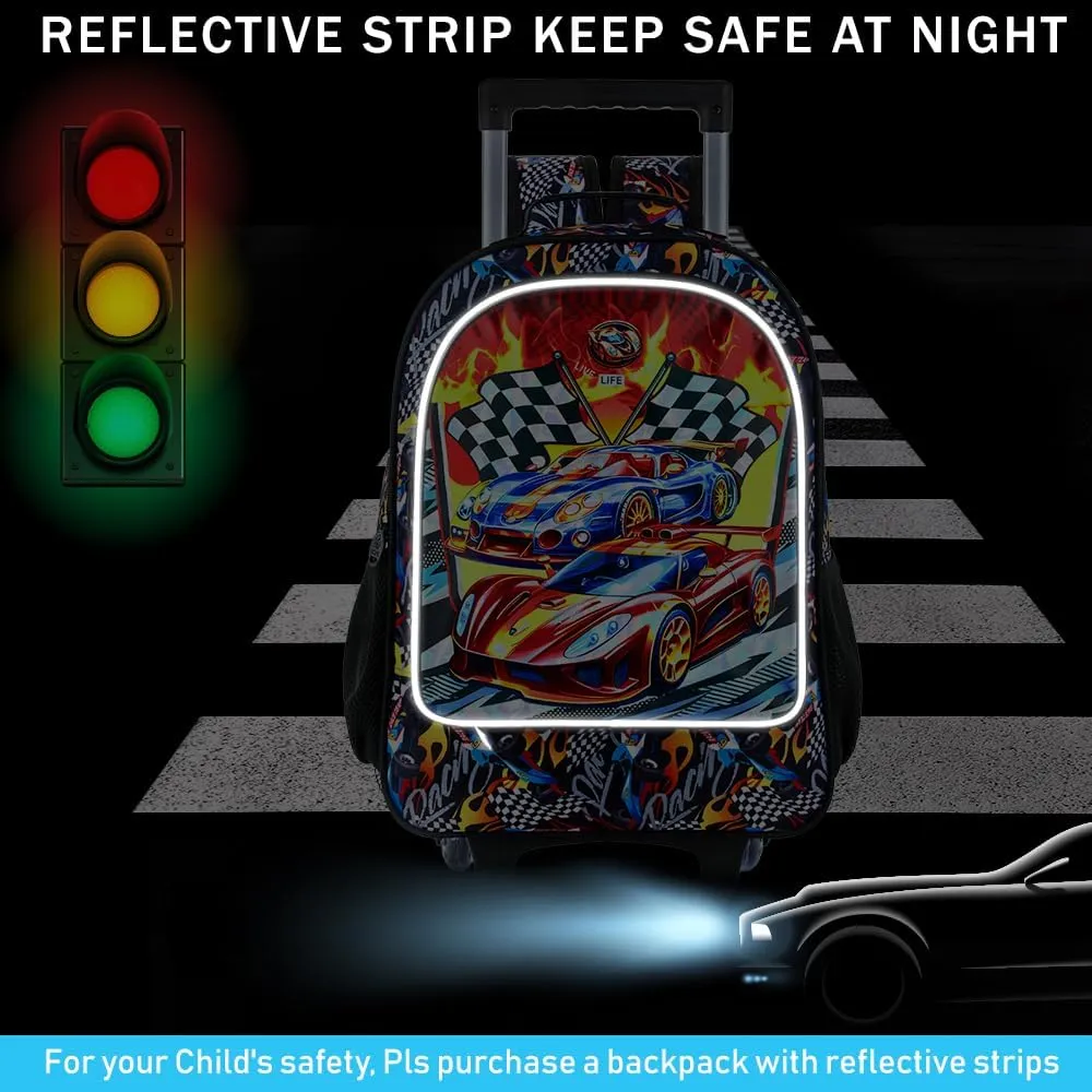 3PCS Car Rolling Bookbag for Boys, Kids School Backpack with Wheels, Water Resistant UV Printed Roller Wheeled Bookbag Set with Lunch Box