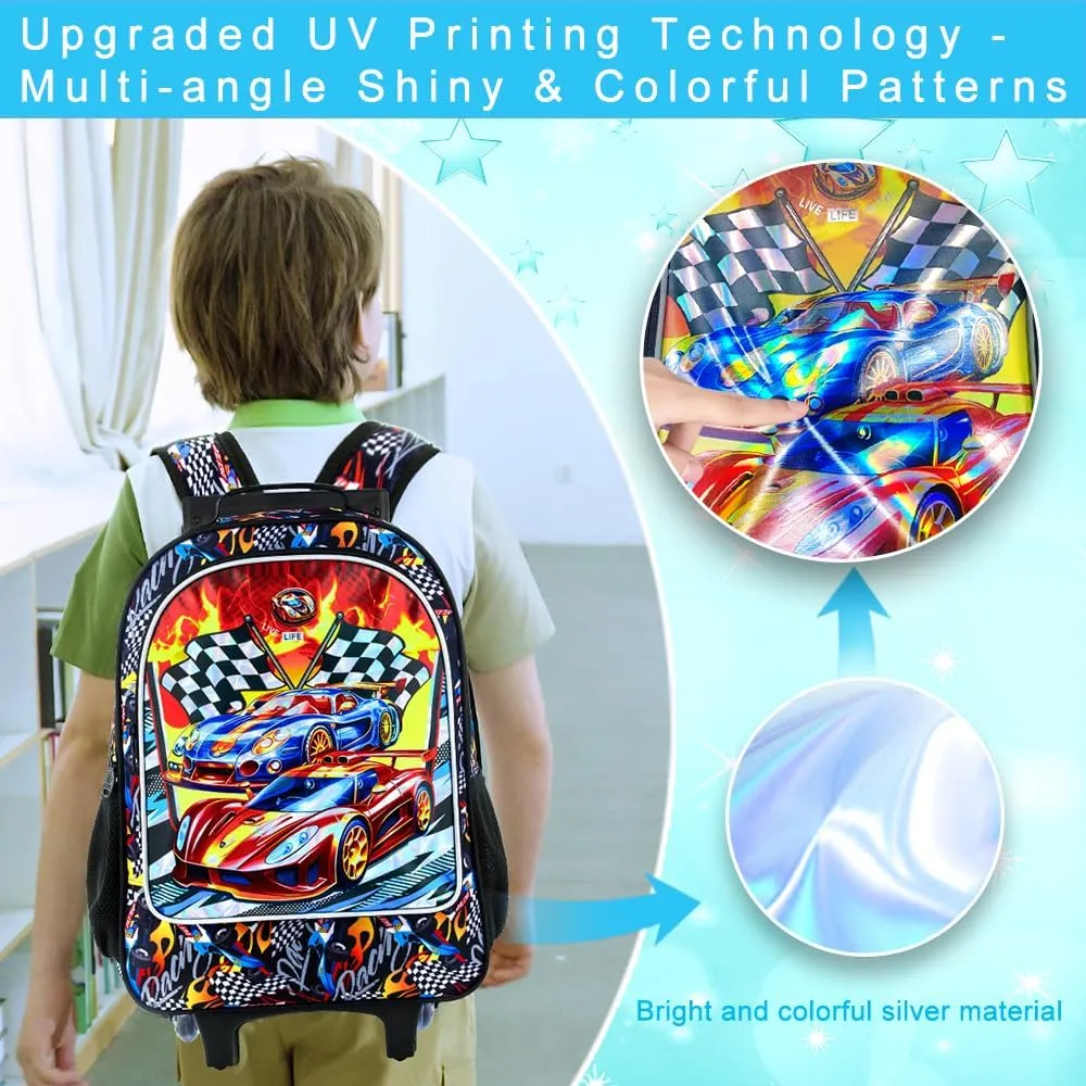 3PCS Car Rolling Bookbag for Boys, Kids School Backpack with Wheels, Water Resistant UV Printed Roller Wheeled Bookbag Set with Lunch Box