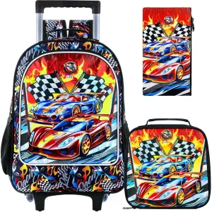 3PCS Car Rolling Bookbag for Boys, Kids School Backpack with Wheels, Water Resistant UV Printed Roller Wheeled Bookbag Set with Lunch Box
