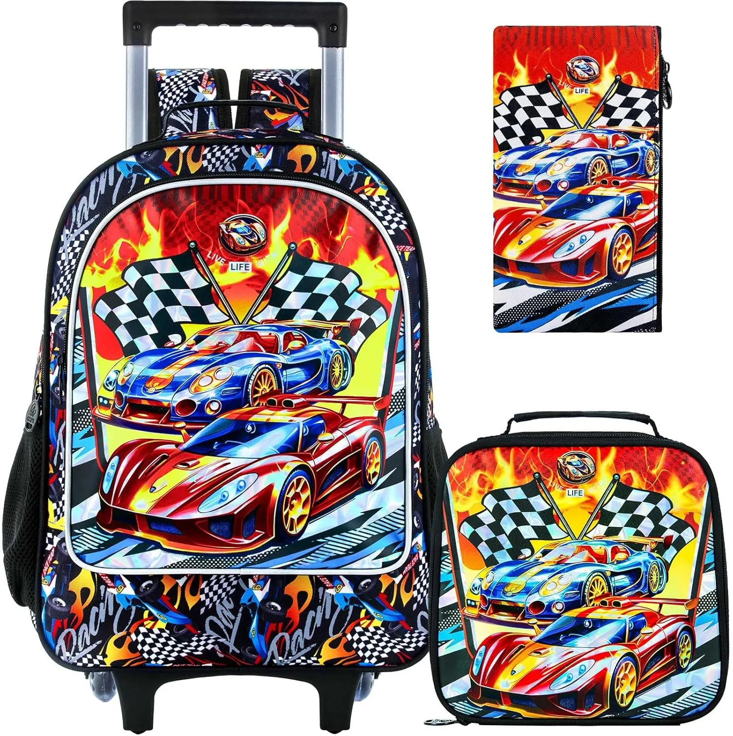 3PCS Car Rolling Bookbag for Boys, Kids School Backpack with Wheels, Water Resistant UV Printed Roller Wheeled Bookbag Set with Lunch Box
