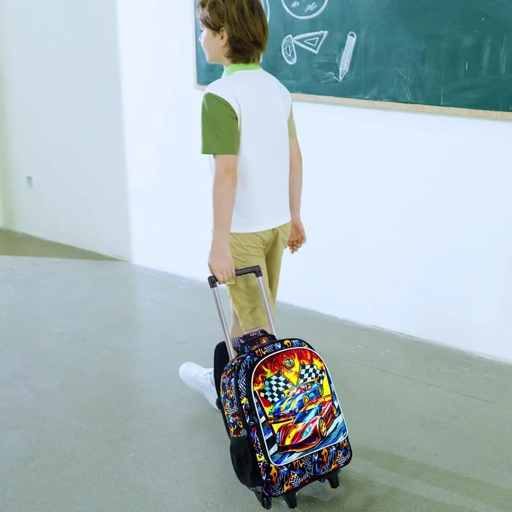 3PCS Car Rolling Bookbag for Boys, Kids School Backpack with Wheels, Water Resistant UV Printed Roller Wheeled Bookbag Set with Lunch Box