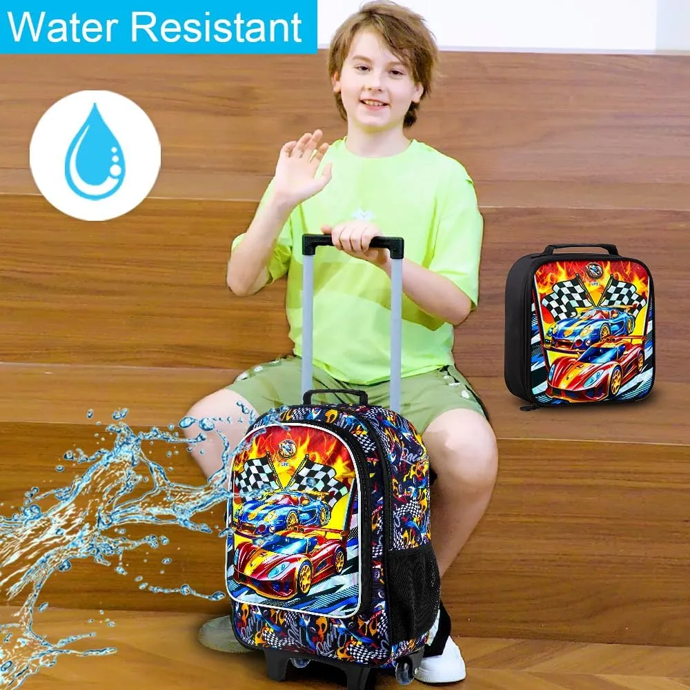 3PCS Car Rolling Bookbag for Boys, Kids School Backpack with Wheels, Water Resistant UV Printed Roller Wheeled Bookbag Set with Lunch Box
