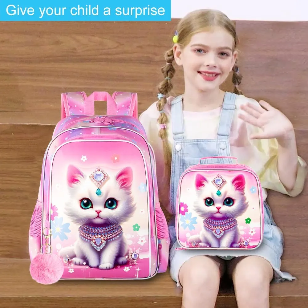 3Pcs Cat Backpack for Kids 16" Girls Bookbag with Lunch Box School Backpacks Set for Elementary Preschool Kindergarten(Pink)