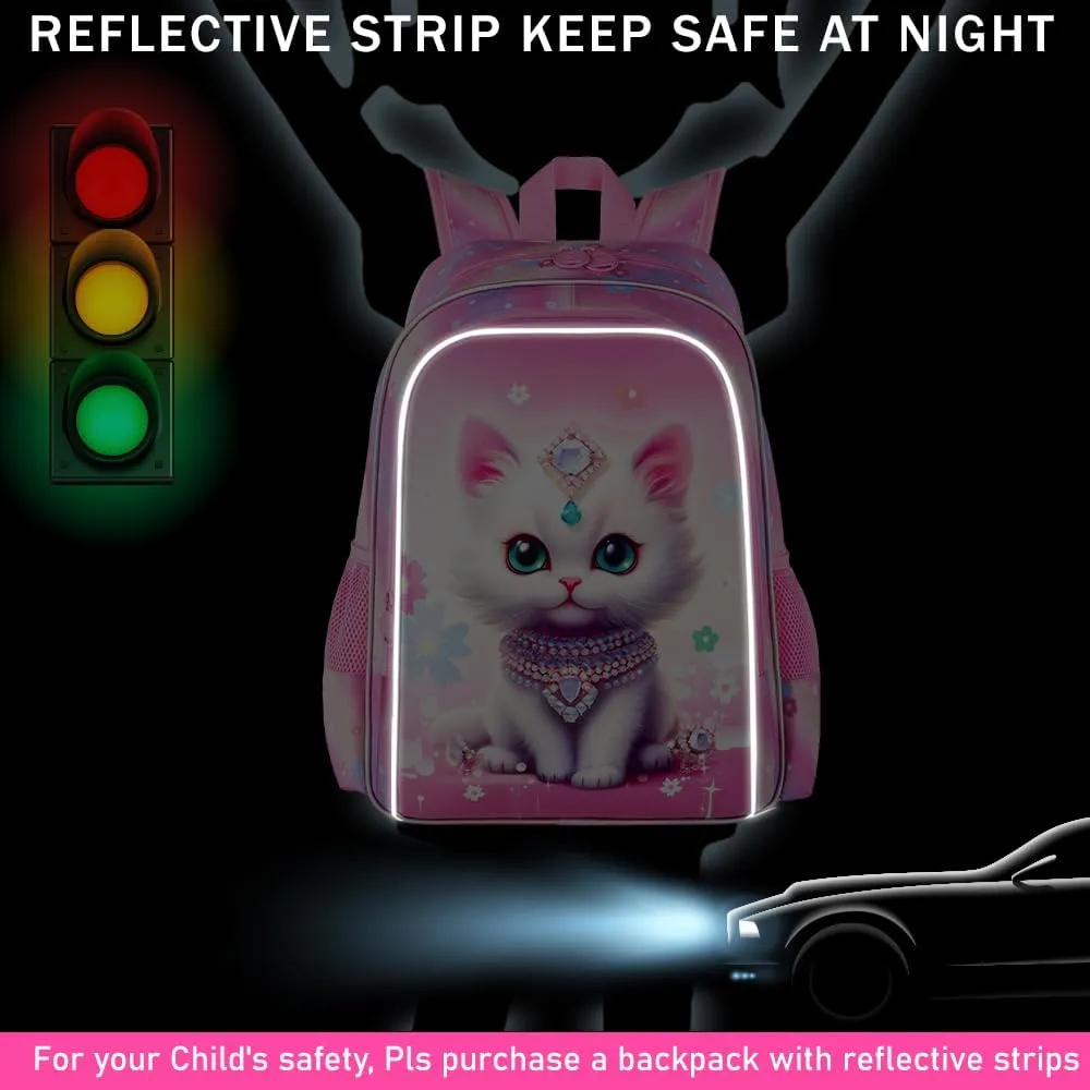 3Pcs Cat Backpack for Kids 16" Girls Bookbag with Lunch Box School Backpacks Set for Elementary Preschool Kindergarten(Pink)