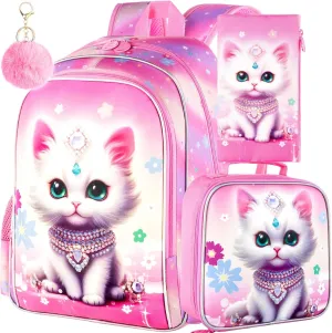 3Pcs Cat Backpack for Kids 16" Girls Bookbag with Lunch Box School Backpacks Set for Elementary Preschool Kindergarten(Pink)