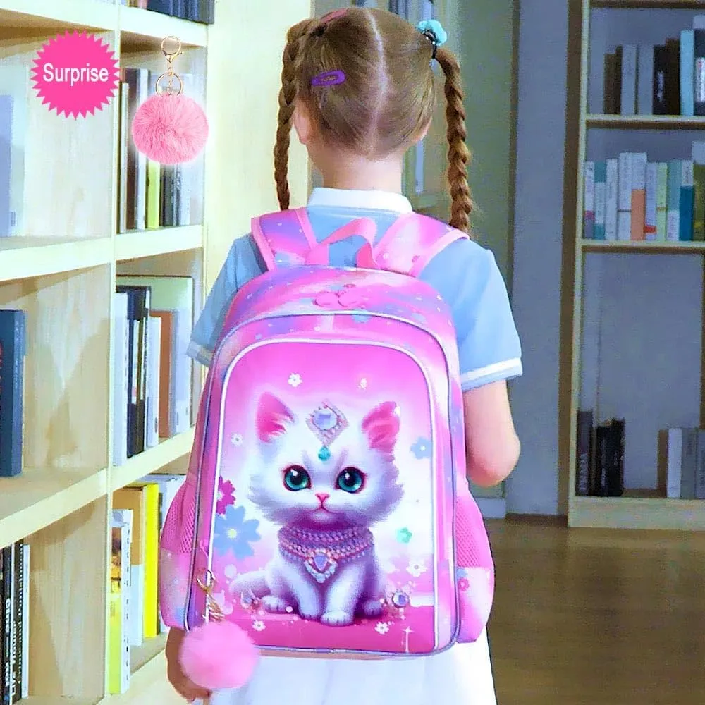 3Pcs Cat Backpack for Kids 16" Girls Bookbag with Lunch Box School Backpacks Set for Elementary Preschool Kindergarten(Pink)