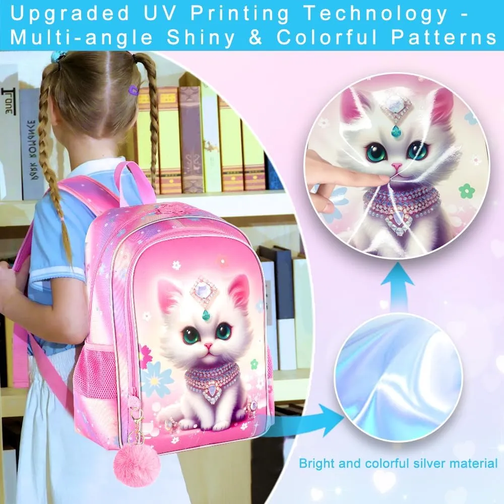 3Pcs Cat Backpack for Kids 16" Girls Bookbag with Lunch Box School Backpacks Set for Elementary Preschool Kindergarten(Pink)