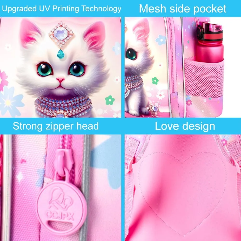 3Pcs Cat Backpack for Kids 16" Girls Bookbag with Lunch Box School Backpacks Set for Elementary Preschool Kindergarten(Pink)