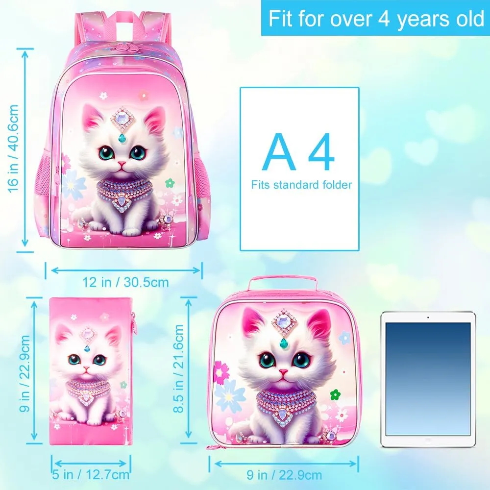 3Pcs Cat Backpack for Kids 16" Girls Bookbag with Lunch Box School Backpacks Set for Elementary Preschool Kindergarten(Pink)