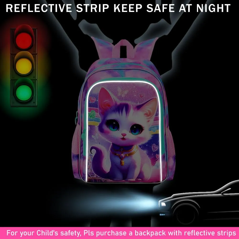 3Pcs Cat Backpack for School, 16" Girls Bookbag with Lunch Box, Kids Backpacks Set for Elementary Preschool Kindergarten(Pink)