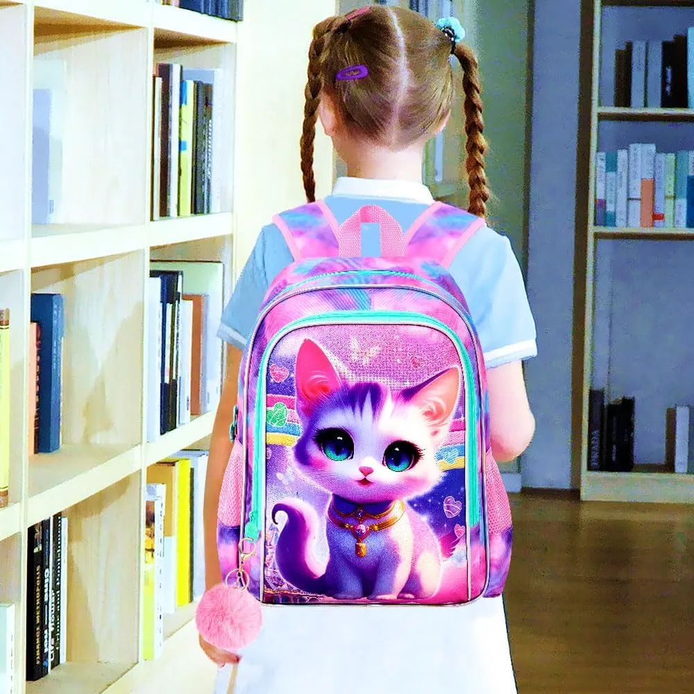 3Pcs Cat Backpack for School, 16" Girls Bookbag with Lunch Box, Kids Backpacks Set for Elementary Preschool Kindergarten(Pink)
