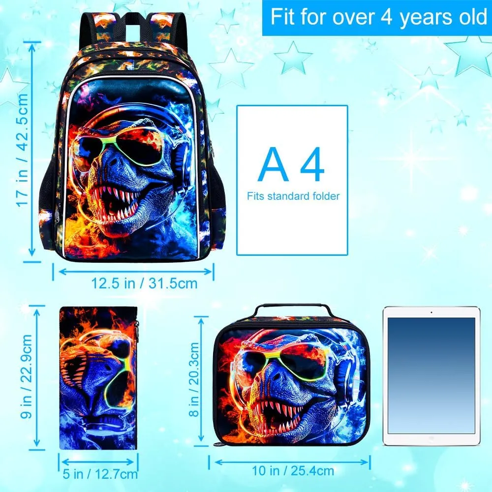 3PCS Dinosaur Backpack for Boys, Water Resistant Kids Bookbag with Lunch Box, 17" School Bag Set for Teenagers Middle Elementary - Sunglasses Dinosaur