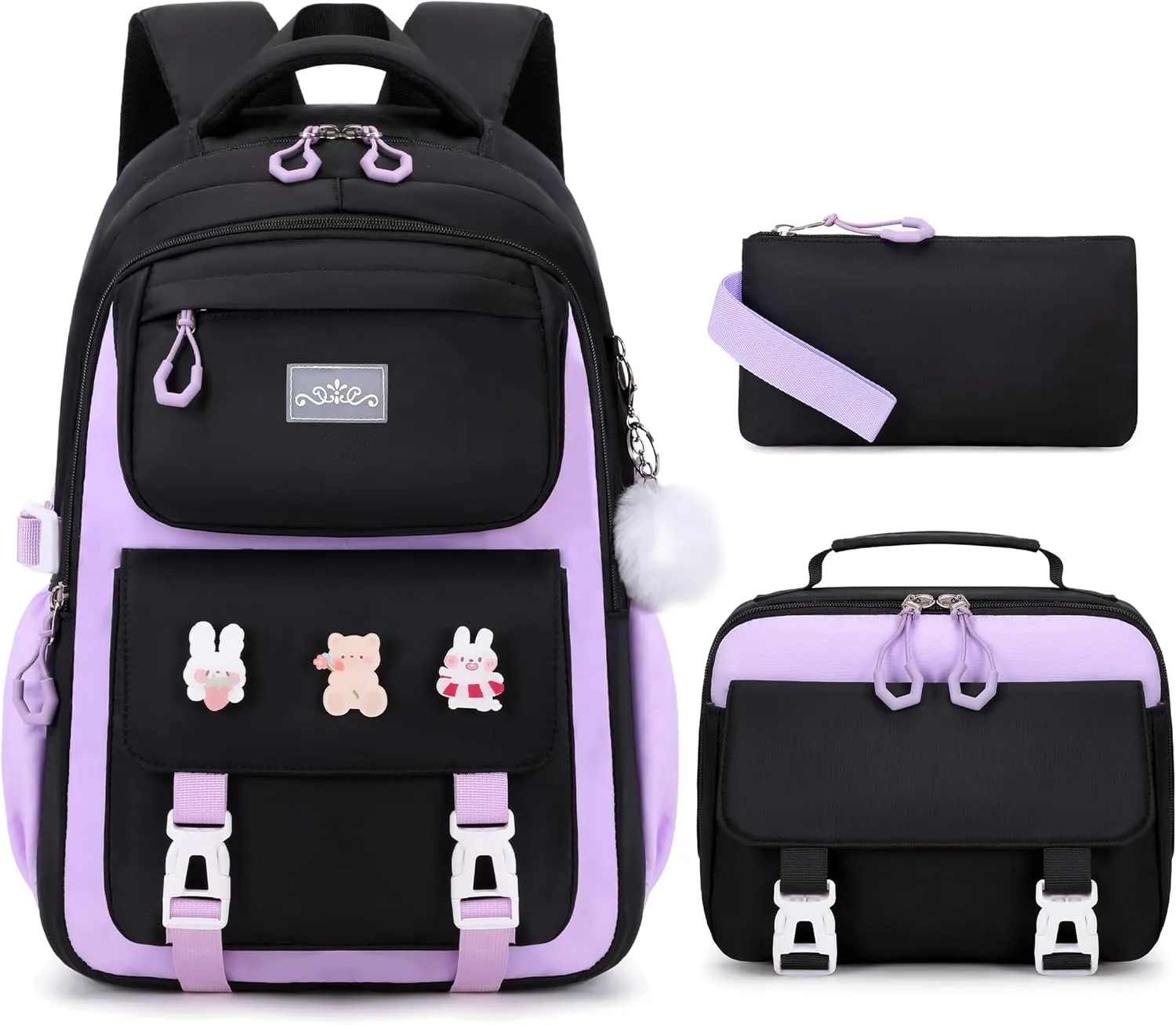 3PCS Girls Backpack for School, Kids Backpack for Girls with Lunch Box Pencil Case Set for Teen Girl Elementary Primary Middle High College School Bookbag with Cute Pins (Black-Purple)