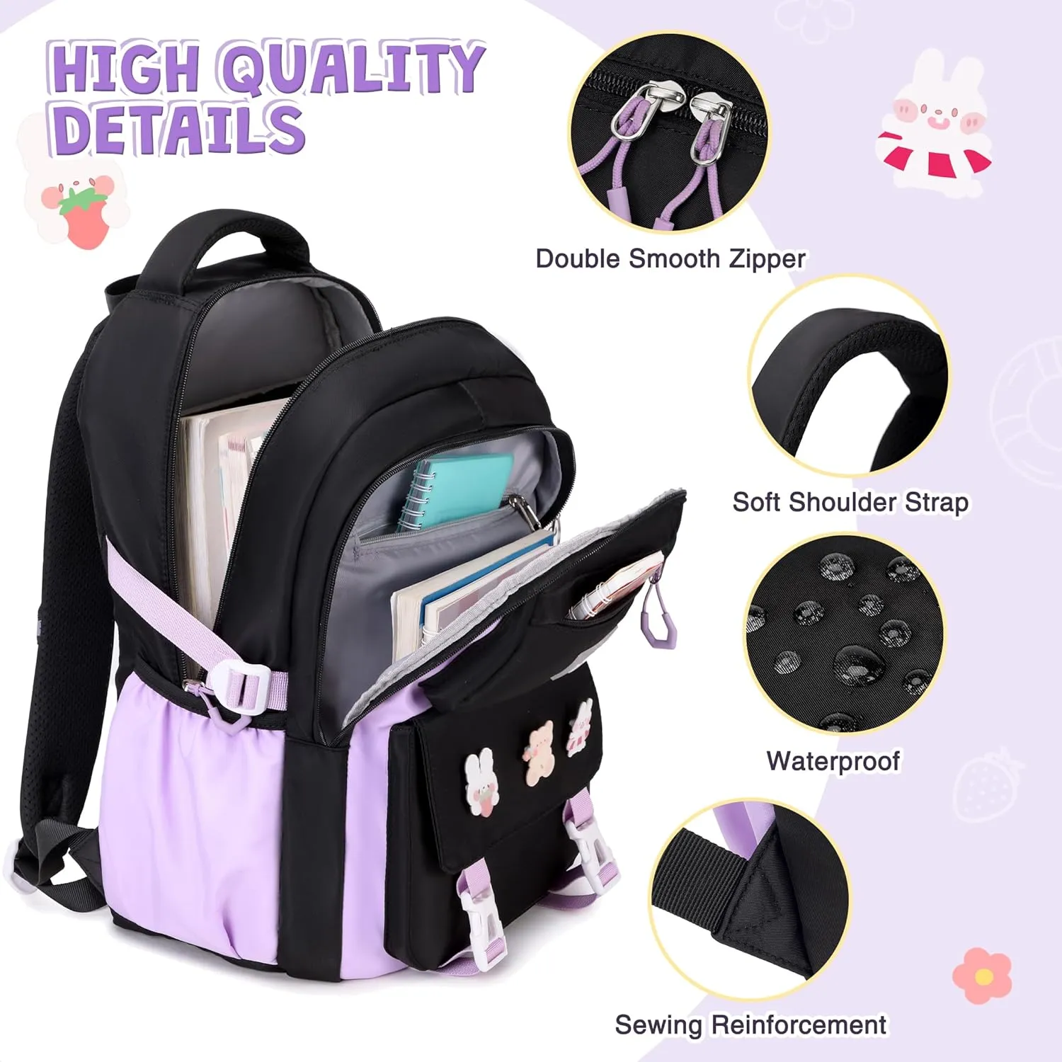 3PCS Girls Backpack for School, Kids Backpack for Girls with Lunch Box Pencil Case Set for Teen Girl Elementary Primary Middle High College School Bookbag with Cute Pins (Black-Purple)