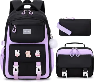 3PCS Girls Backpack for School, Kids Backpack for Girls with Lunch Box Pencil Case Set for Teen Girl Elementary Primary Middle High College School Bookbag with Cute Pins (Black-Purple)