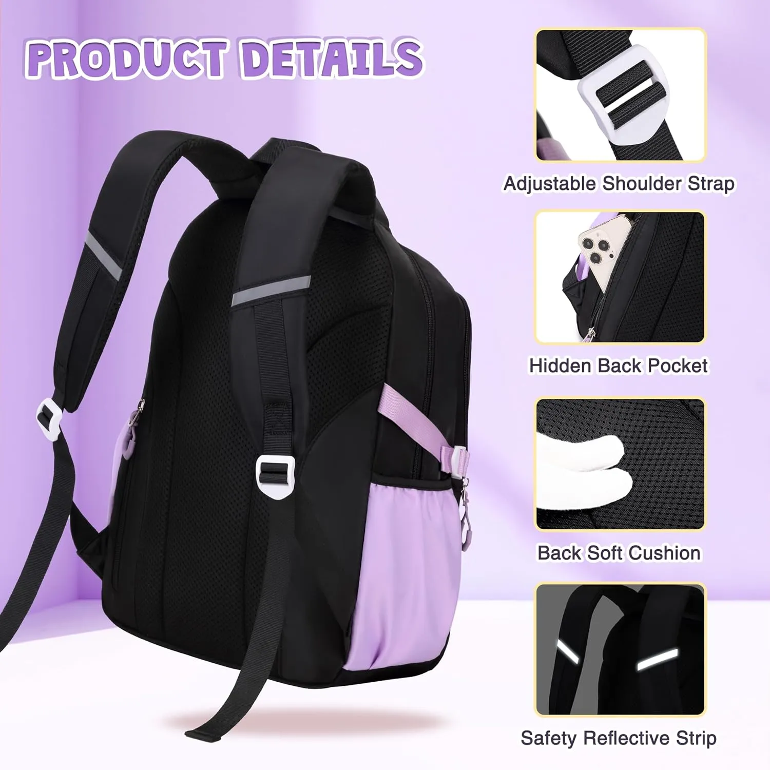 3PCS Girls Backpack for School, Kids Backpack for Girls with Lunch Box Pencil Case Set for Teen Girl Elementary Primary Middle High College School Bookbag with Cute Pins (Black-Purple)