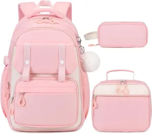 3PCS Girls Backpack for School, Kids School Backpack for Girls with Lunch Bag Pencil Case, Kids School Bookbag Teen Girls Backpacks for Elementary Middle High College School (Pink)