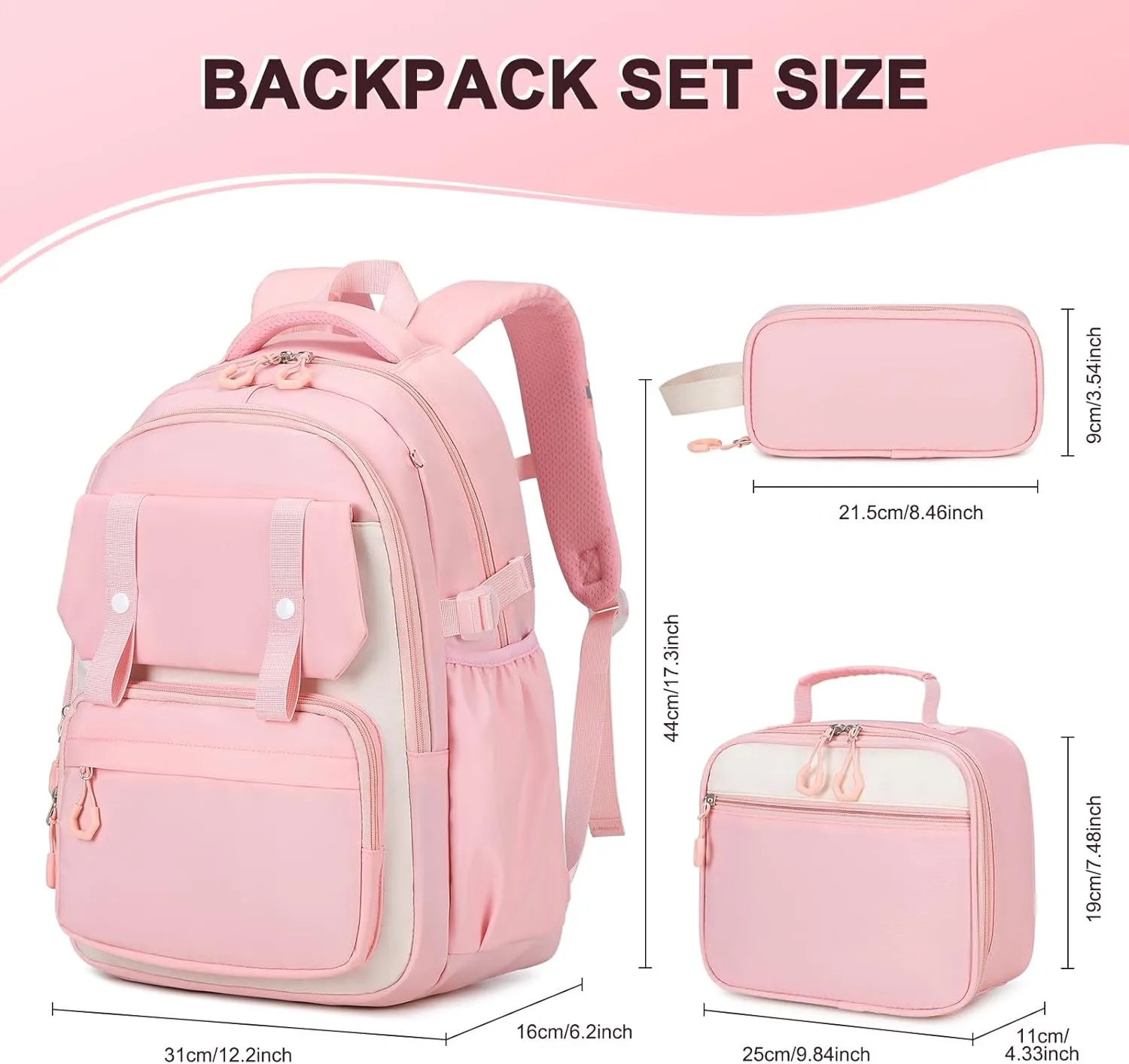 3PCS Girls Backpack for School, Kids School Backpack for Girls with Lunch Bag Pencil Case, Kids School Bookbag Teen Girls Backpacks for Elementary Middle High College School (Pink)